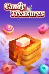 Slot game called 'Candy Treasures' featuring golden bars and pink gemstones