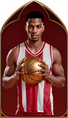 A male basketball player wearing a red uniform, holding a ball