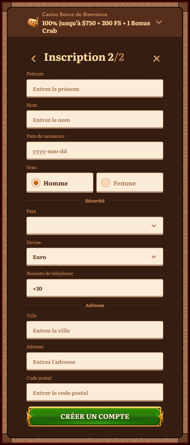 Casino registration form – fields for email and password